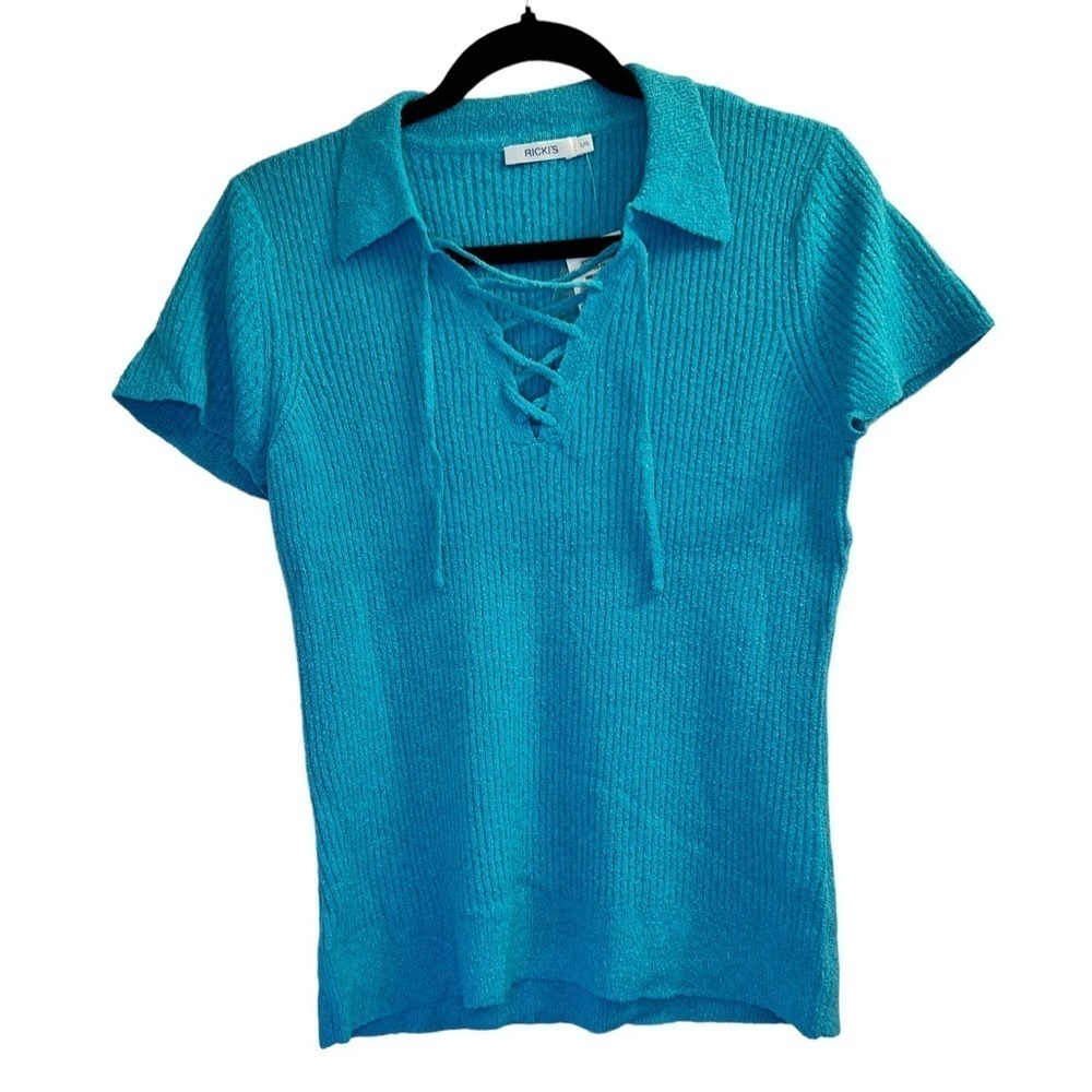 Ricki's Lace-Up Henley Short Sleeve Sweater Size L